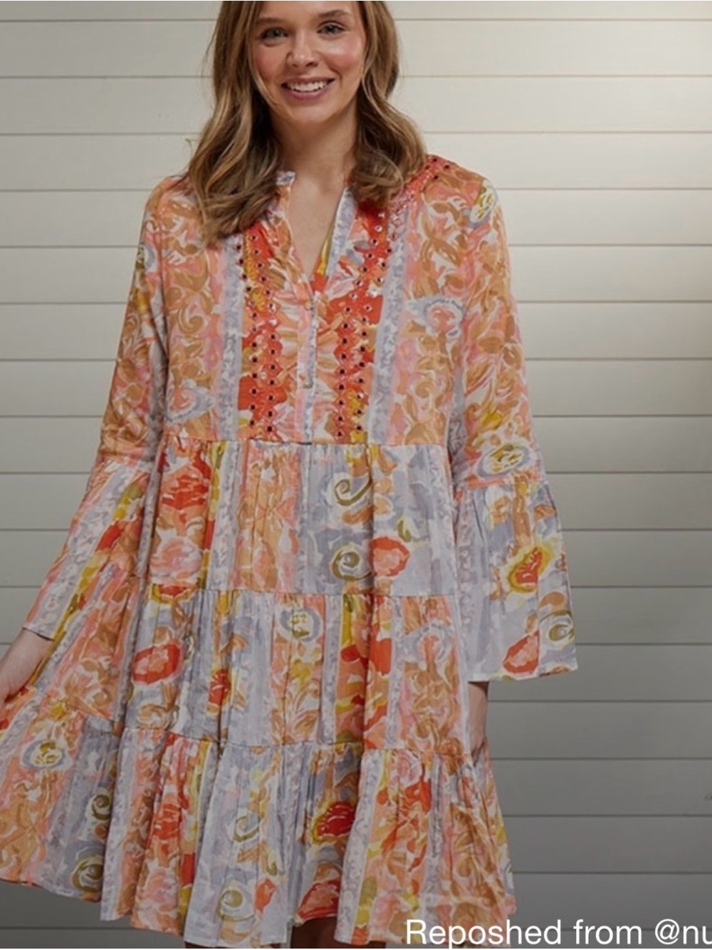 Boho Tiered Mini Dress in Coral Multi